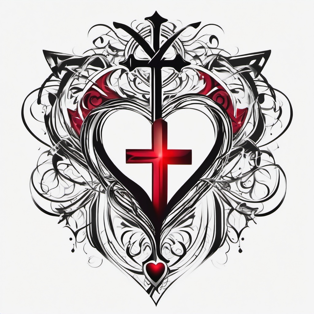 Heart and cross tattoo, Heart intersected by a cross, symbolizing the fusion of love and faith. , tattoo color art, clean white background