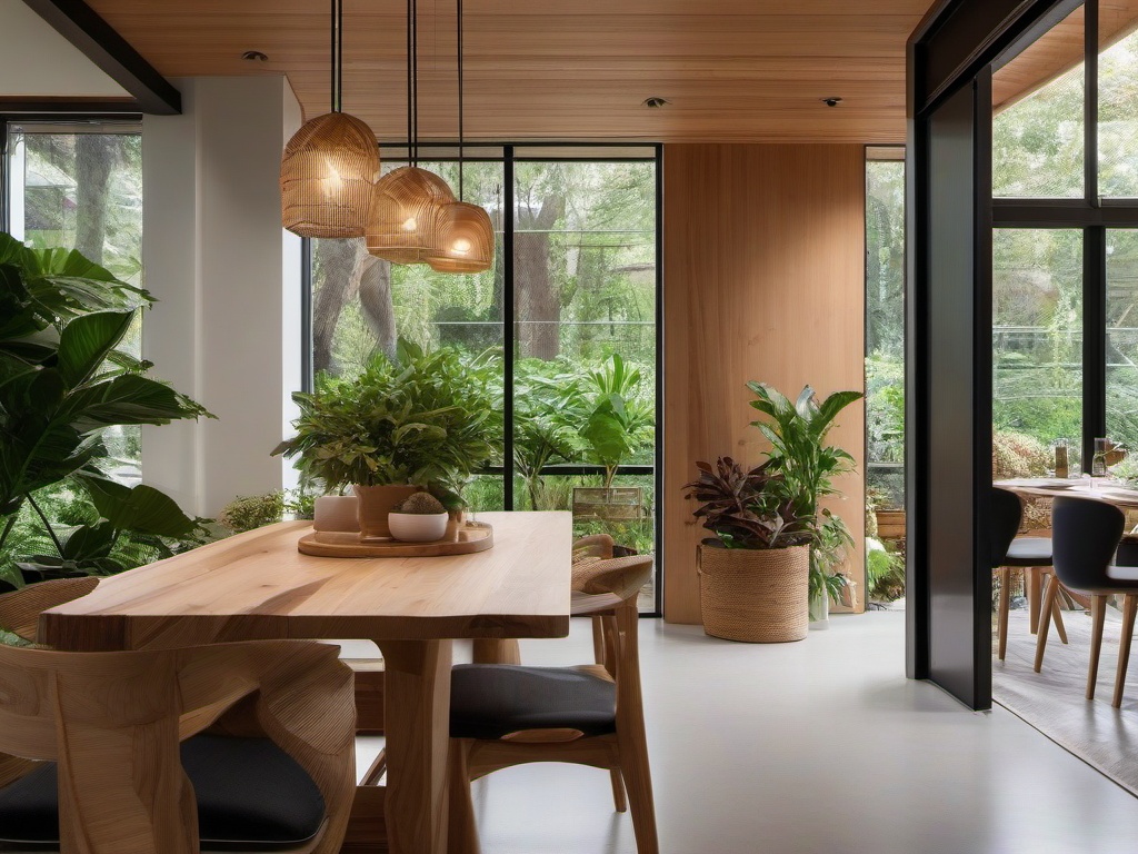 Biophilic interior design in the dining nook features natural wood furniture, bright indoor plants, and a view of outdoor greenery, creating a cozy space for casual meals.  