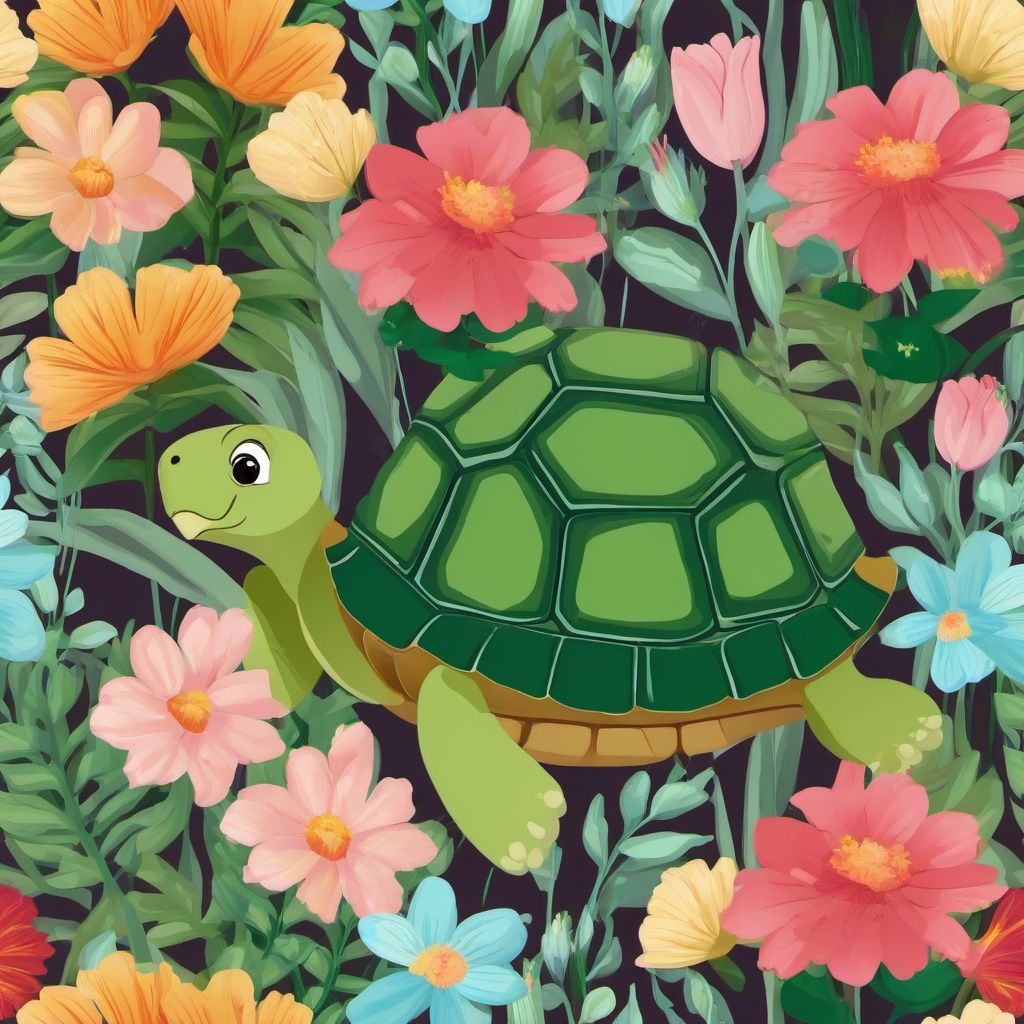 Turtle clipart - turtle in a garden with flowers  