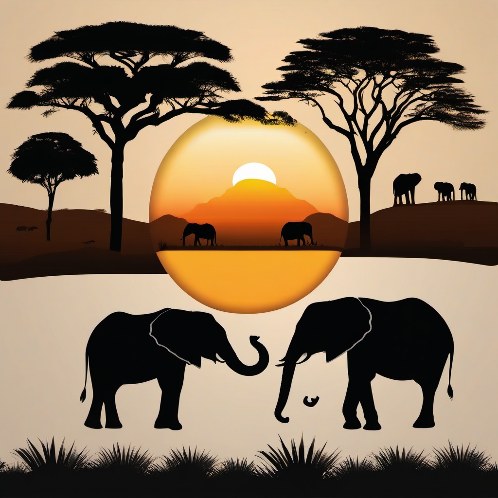 Savannah Sunset and Elephants Emoji Sticker - Silhouetted giants in the African plains, , sticker vector art, minimalist design