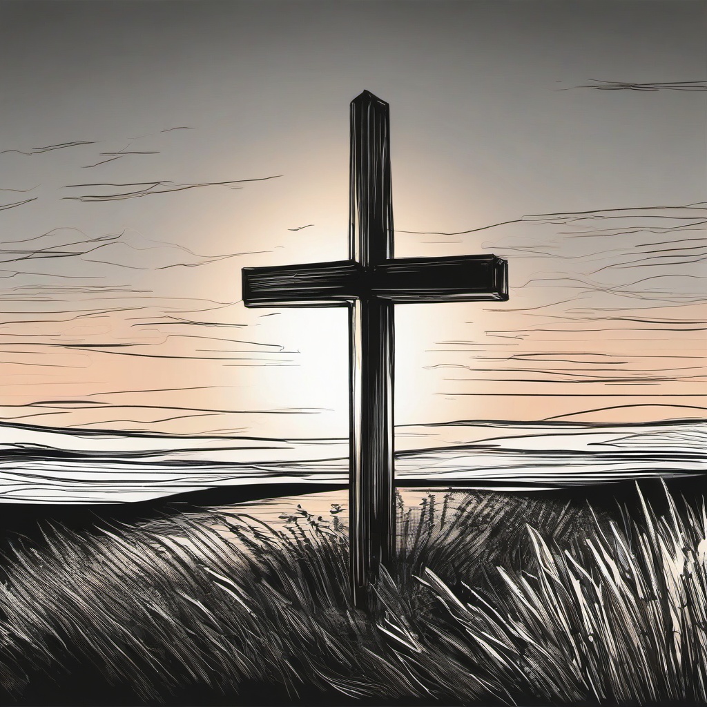 drawing of a cross at sunset  minimal rough sketch scribbles,doodles,black and white