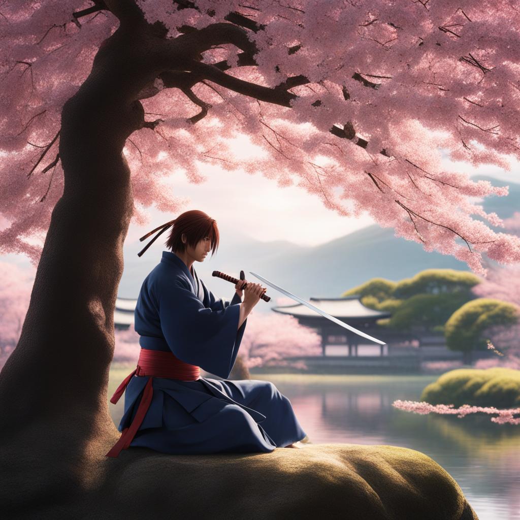 kenshin himura practices his precise sword techniques beneath a serene sakura tree. 