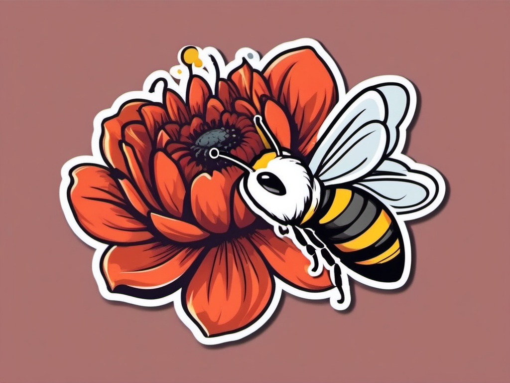 Bee with Flower Sticker - Bee hovering near a blooming flower, ,vector color sticker art,minimal