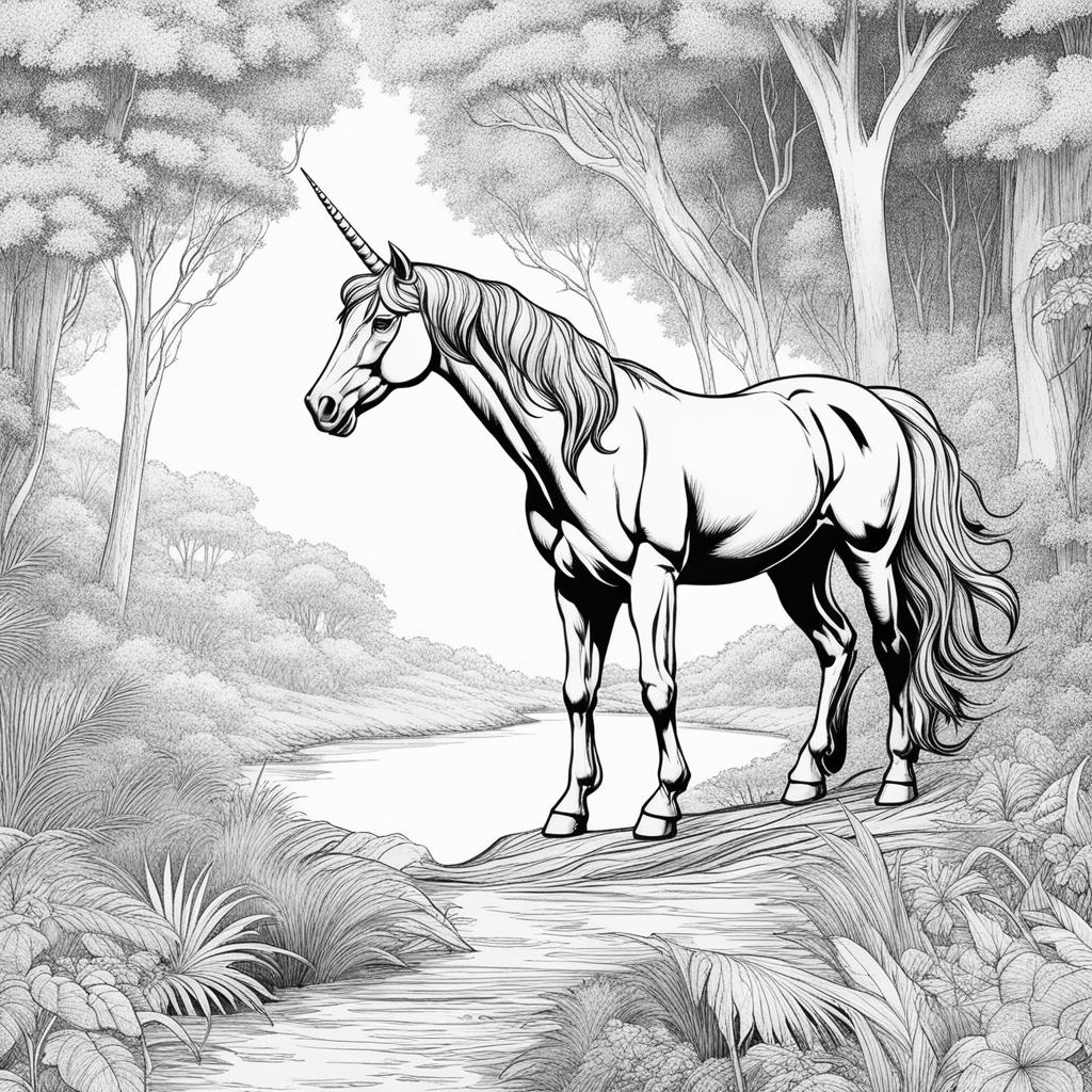 unicorn coloring pages - trailblazing unicorn forging a path through an uncharted jungle, its strength unmatched. 