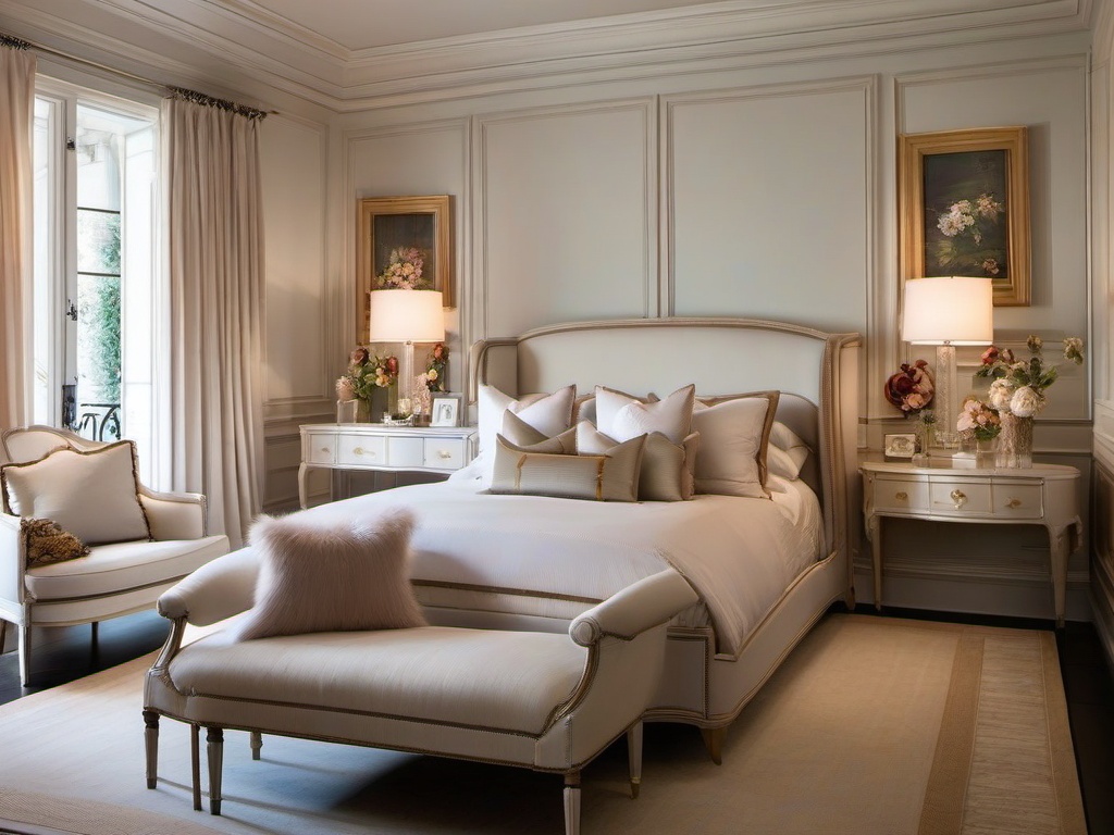 Parisian bedroom captures elegance with light-colored furnishings, soft fabrics, and decorative moldings that evoke a sense of refined style.  