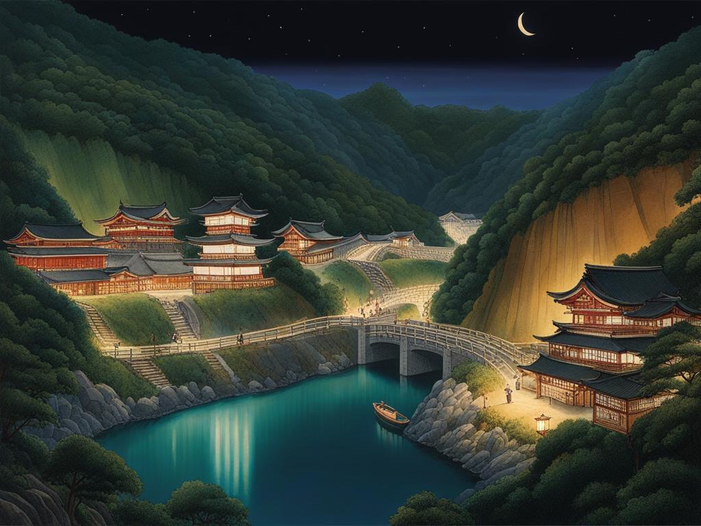 iwami ginzan silver mine - craft a historical night painting of the iwami ginzan silver mine, with lantern-lit tunnels and the mystique of japan's rich mining history. 