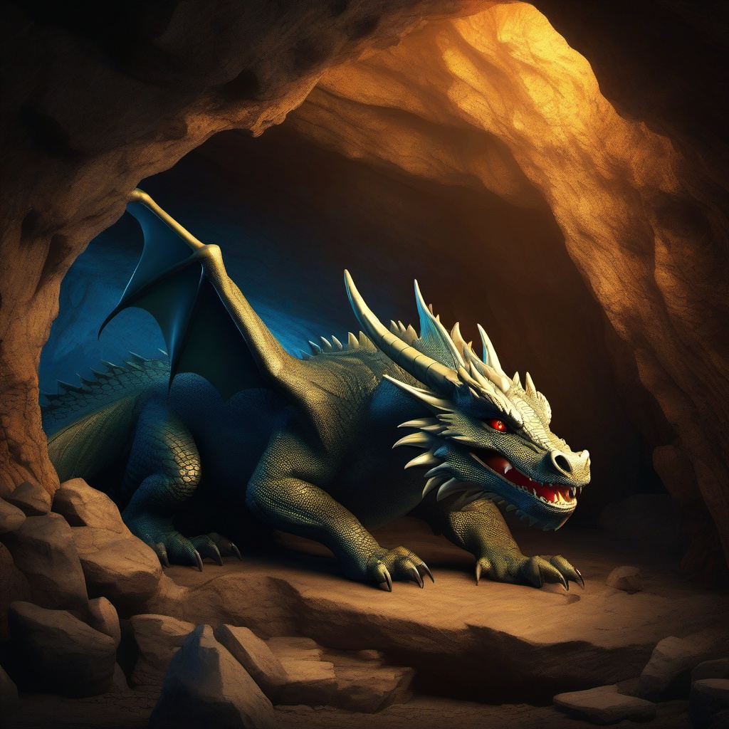 Dragon Clipart in a Cave,Fearsome dragon guarding hidden treasures deep within a cave. 