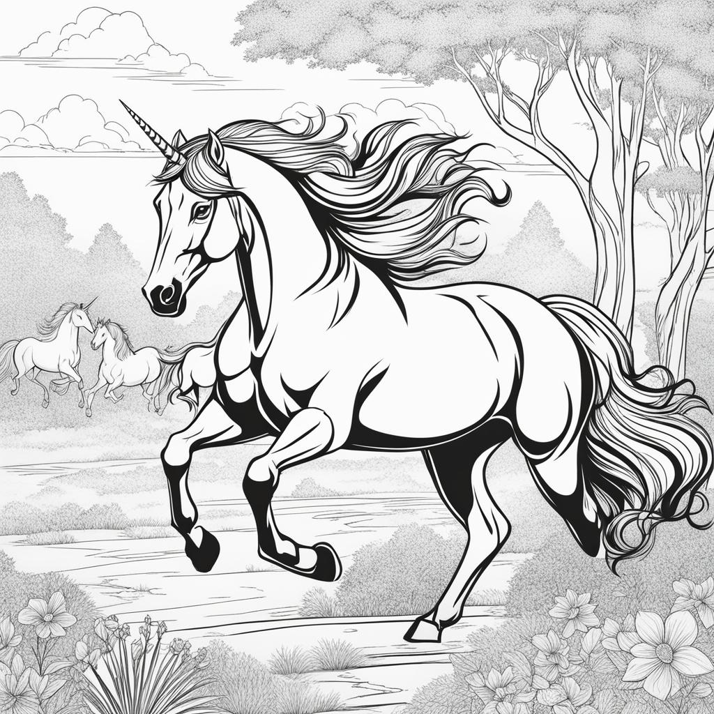 unicorn coloring pages - wild unicorn racing alongside a herd of galloping horses, its spirit untamed and free. 