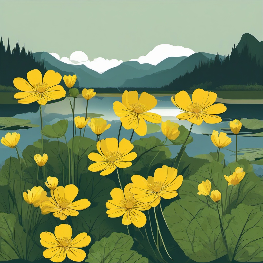 Mountain Marsh Marigold Clip Art - Marsh marigold flowers in lush mountain marshes,  color vector clipart, minimal style