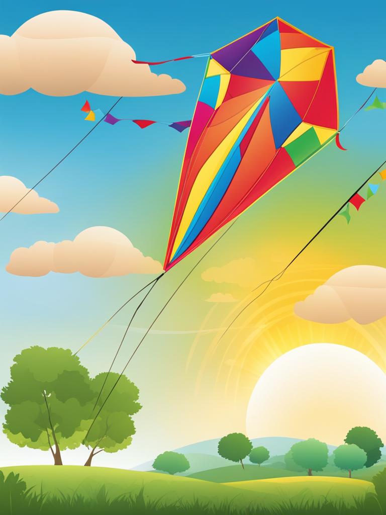 kite clipart - a vibrant kite soaring in the sky, flown by children in a sun-drenched park 