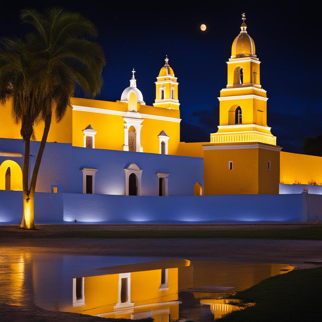 izamal - craft a surreal night painting of izamal, the yellow city, with its colonial buildings and illuminated pyramid, creating a unique blend of history and mystique. 