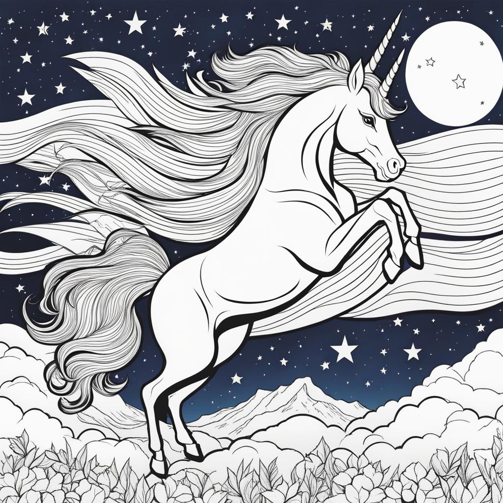 unicorn coloring pages - adventurous unicorn soaring through a starry night sky, its wings of light guiding it among the constellations. 