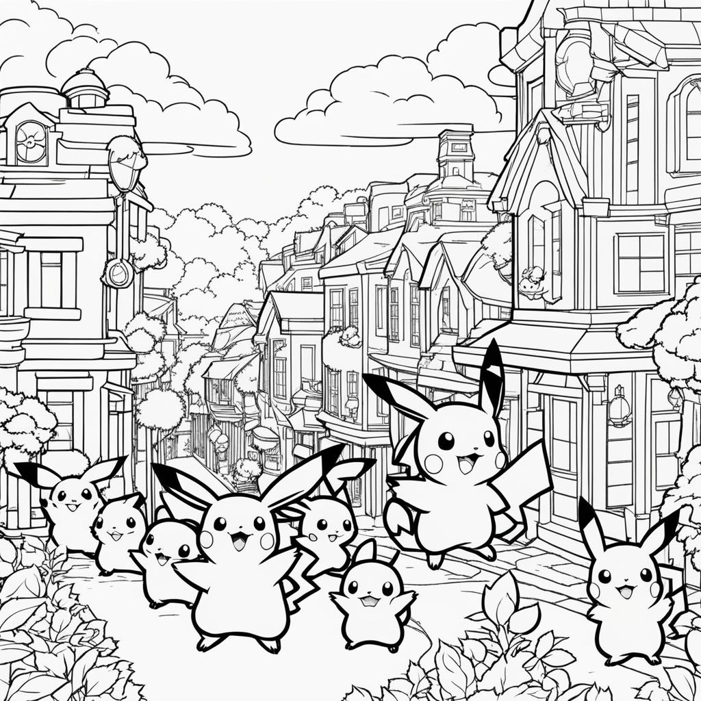 pokemon coloring pages - pikachu leads a parade of pokemon through a lively town. 