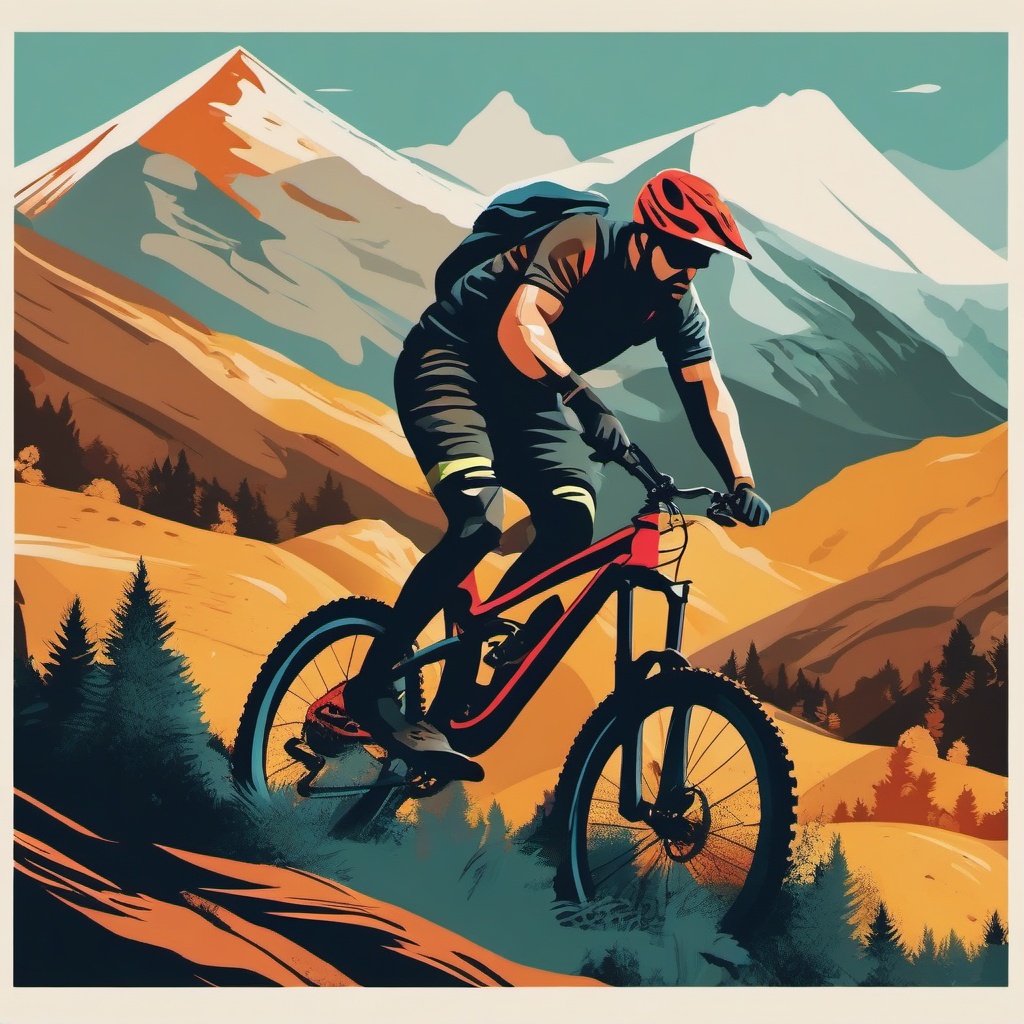 Mountain Bike Clipart - A mountain biker tackling rugged trails.  transport, color vector clipart, minimal style