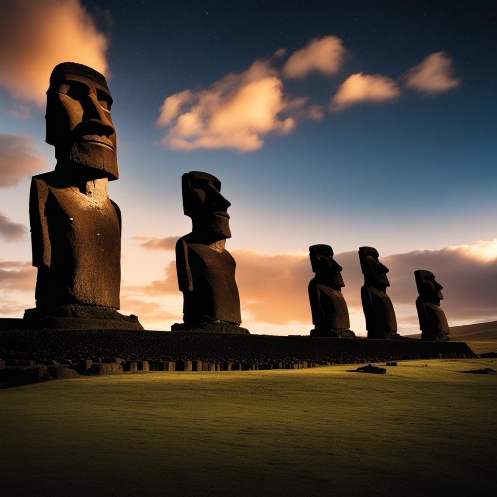 easter island, chile - create a scene showcasing the enigmatic moai statues of easter island, standing silently beneath the stars. 