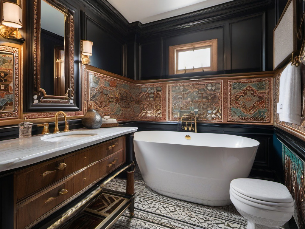 A small bathroom designed with Russian Revival interior design highlights intricate tiles, elegant fixtures, and decorative accents that elevate the space into a chic and culturally rich retreat.  