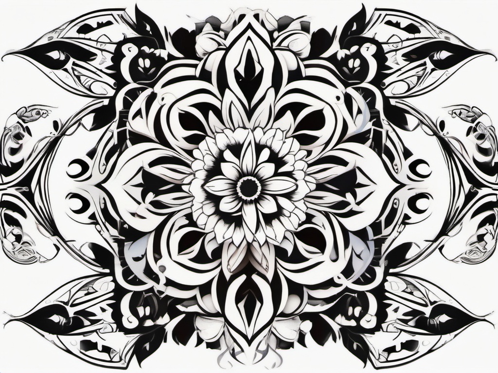 Flower Tribal Tattoo - Tribal-inspired tattoo featuring intricate floral patterns.  simple color tattoo,minimalist,white background