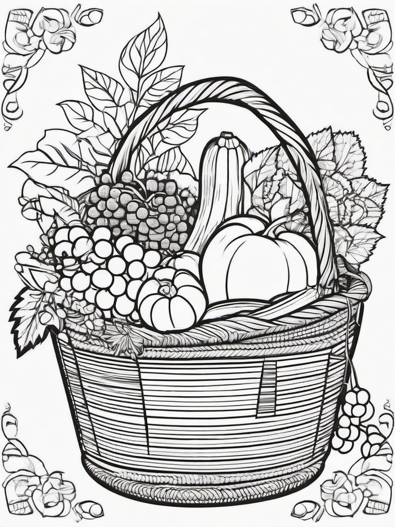 Harvest Basket Coloring Pages - Filled with Autumn Fruits and Vegetables  minimal black outline printable sheet, coloring page