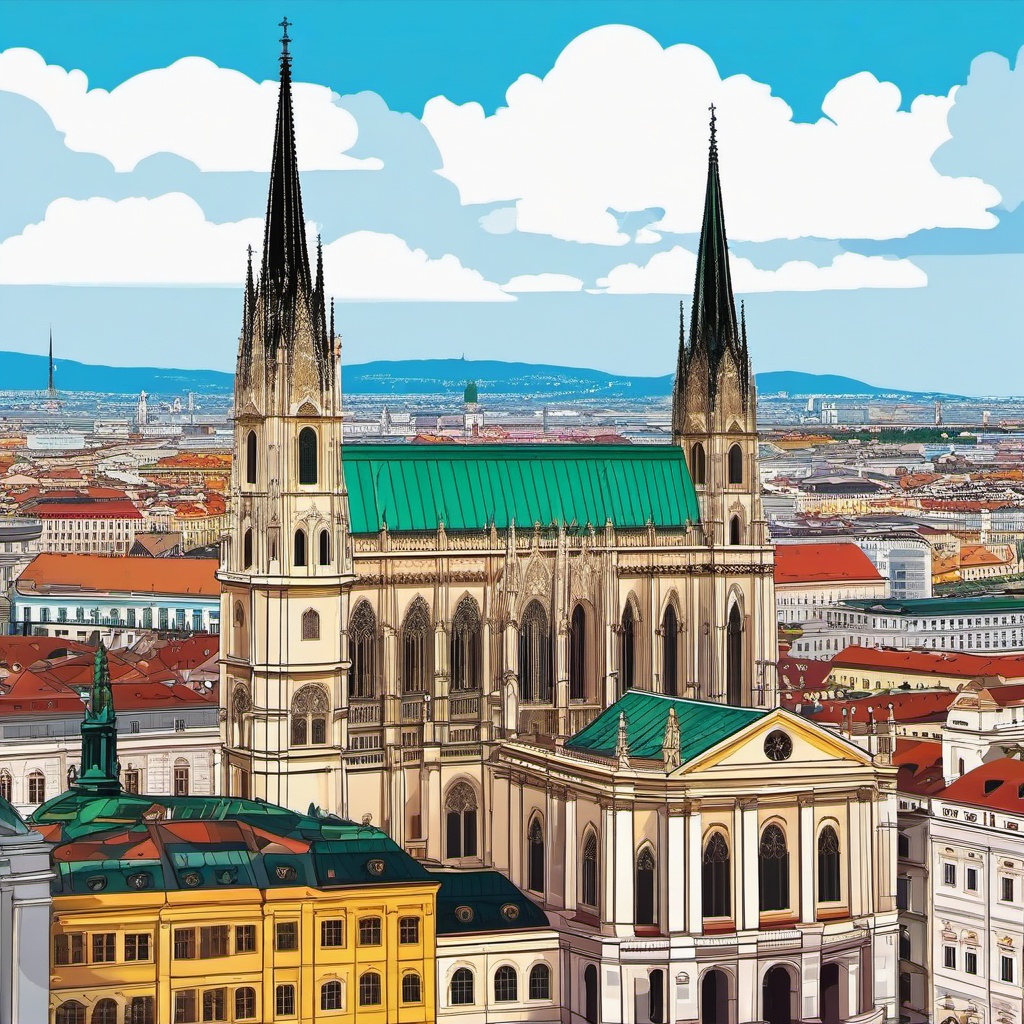 Vienna clipart - St. Stephen's Cathedral and Vienna cityscape, ,color clipart vector style