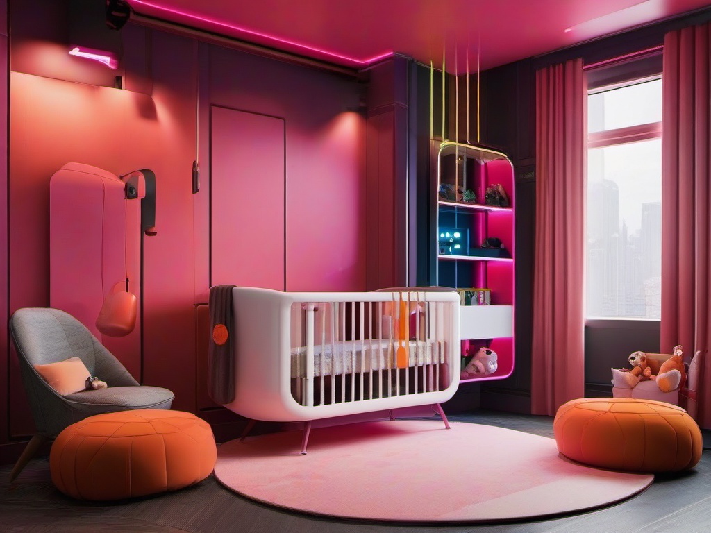 The nursery features cyberpunk interior design with playful colors, modern furniture, and tech-savvy elements that create a stimulating and safe environment for the baby.  