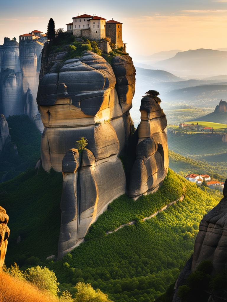 meteora, greece - paint the majestic monasteries of meteora perched atop towering rock formations, set against a celestial backdrop. 