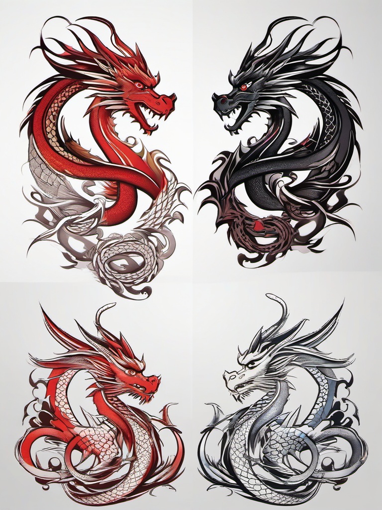 3 Dragon Tattoo - Tattoos featuring three dragons in the design.  simple color tattoo,minimalist,white background