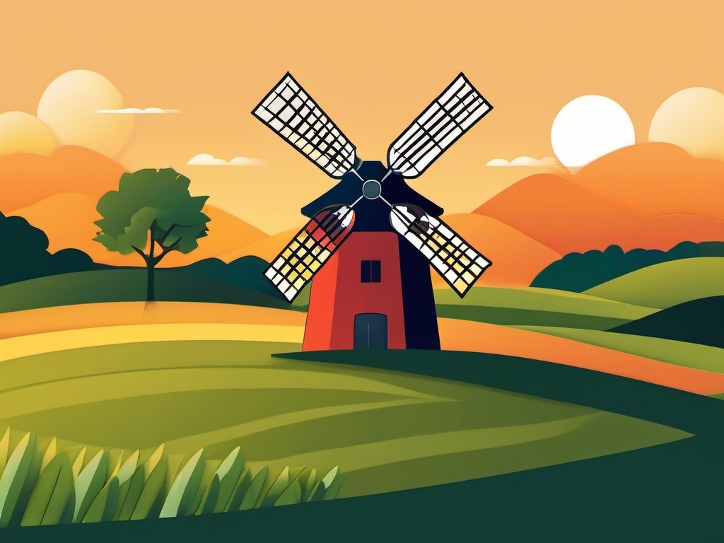 Rural Windmill and Sunset Emoji Sticker - Countryside charm under a setting sun, , sticker vector art, minimalist design