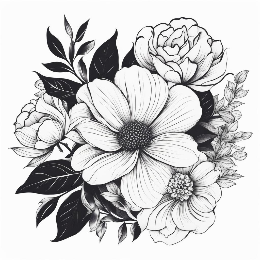 Black and white floral tattoos, Bold and striking tattoos featuring floral motifs in black and white.  vivid colors, white background, tattoo design