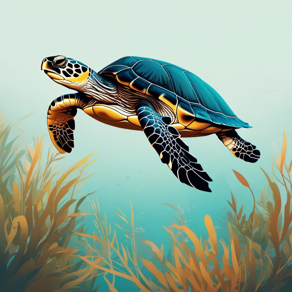 Easy Turtle - Effortlessly gliding through calm waters, the easy turtle embodies the grace of unhurried movements.  vector art, clipart, minimal