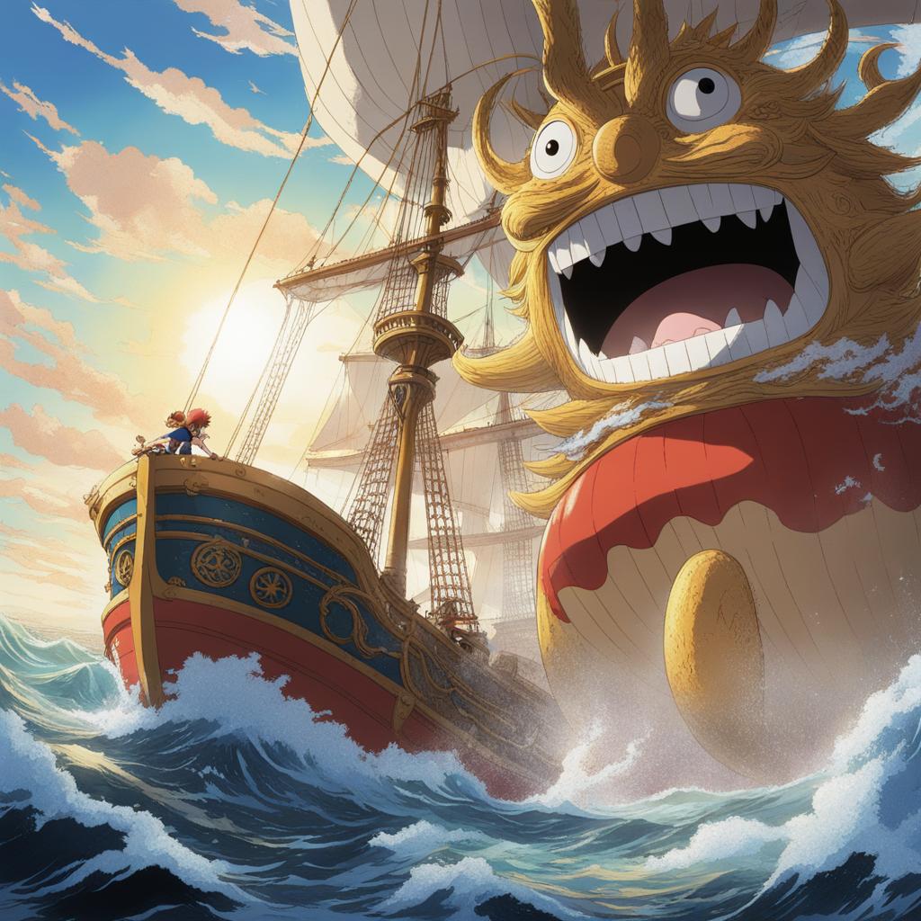 luffy confronts a monstrous sea creature aboard the thousand sunny ship on the open ocean. 