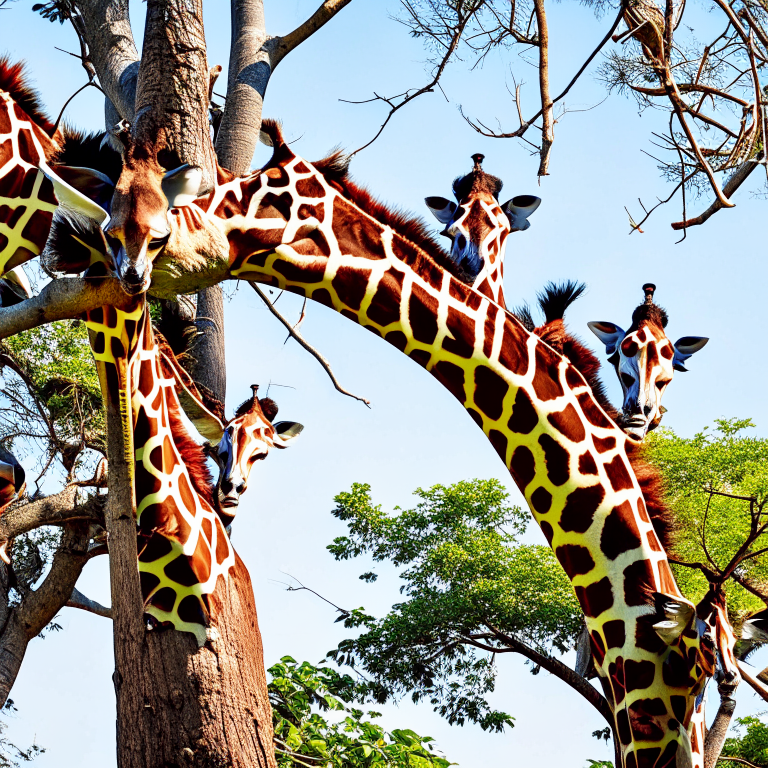 giraffes attempting to limbo under a tree branch, with their long necks causing hilarious contortions. 