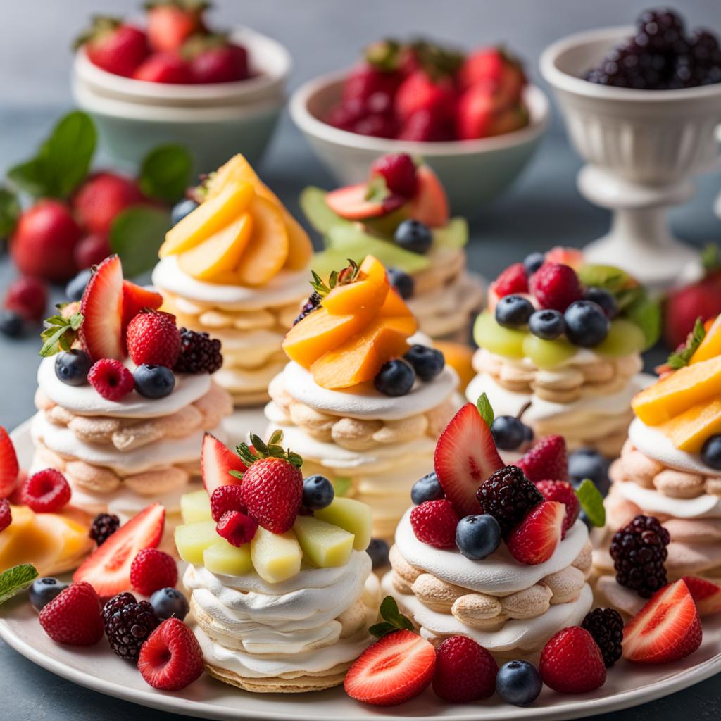 tower of miniature fruit pavlovas, with crisp meringue shells, whipped cream, and an assortment of fruits. 