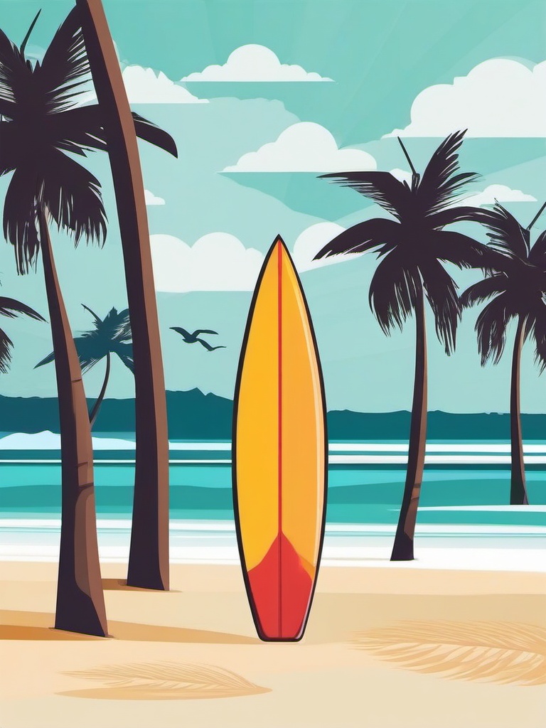 Surfboard on a Tropical Beach Clipart - A surfboard on a tropical beach.  color vector clipart, minimal style