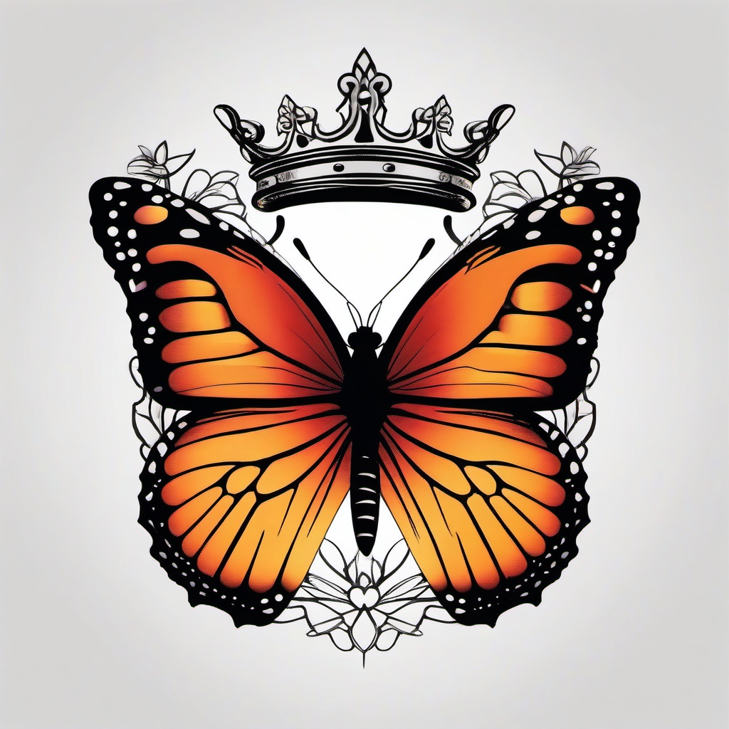 butterfly and crown tattoo  simple color tattoo, minimal, white background