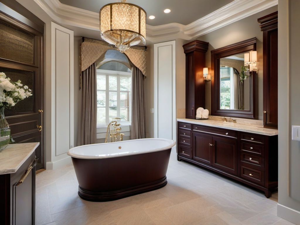 A master bathroom with Italian Renaissance interior design incorporates elegant vanities, luxurious fixtures, and detailed tile work that create a spa-like atmosphere for self-care and relaxation.  