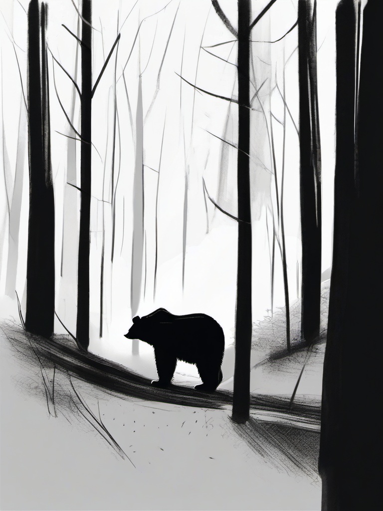 drawing of a bear in the woods  minimal rough sketch scribbles,doodles,black and white