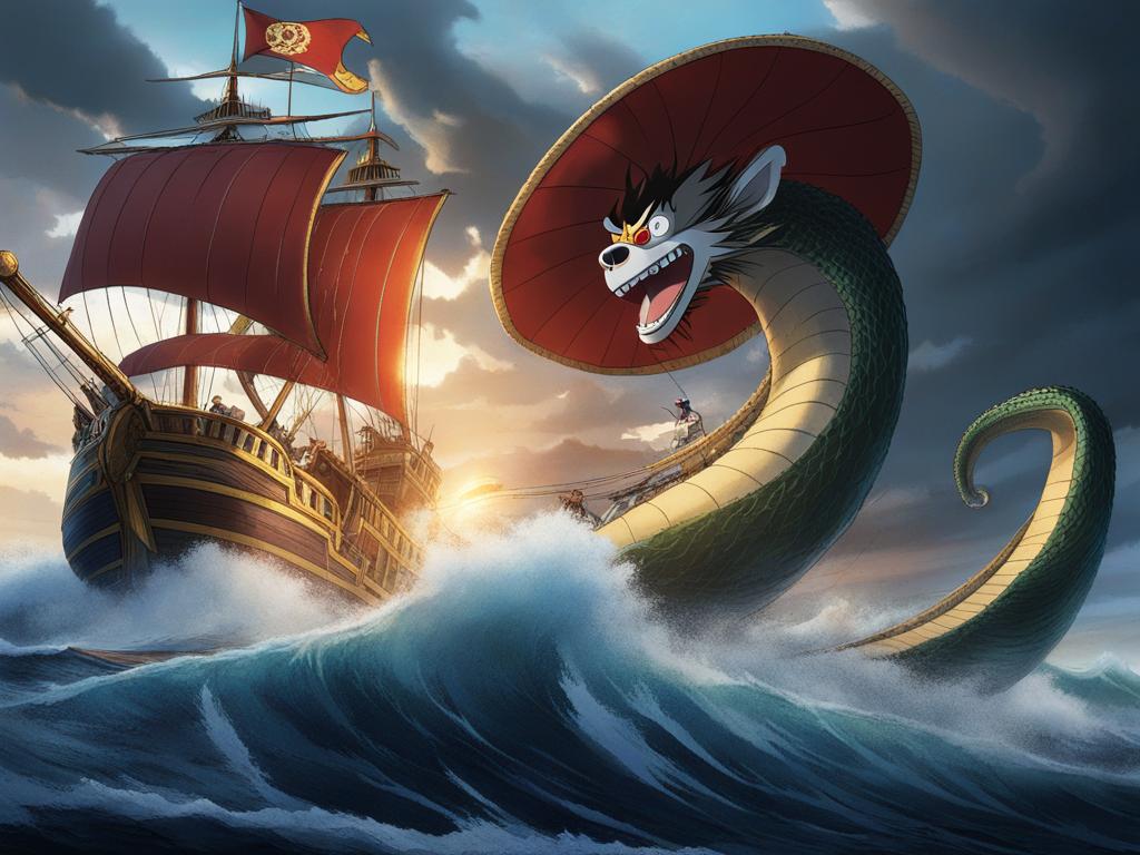 monkey d. luffy battles a sea serpent atop a stormy ocean while aboard the thousand sunny. 