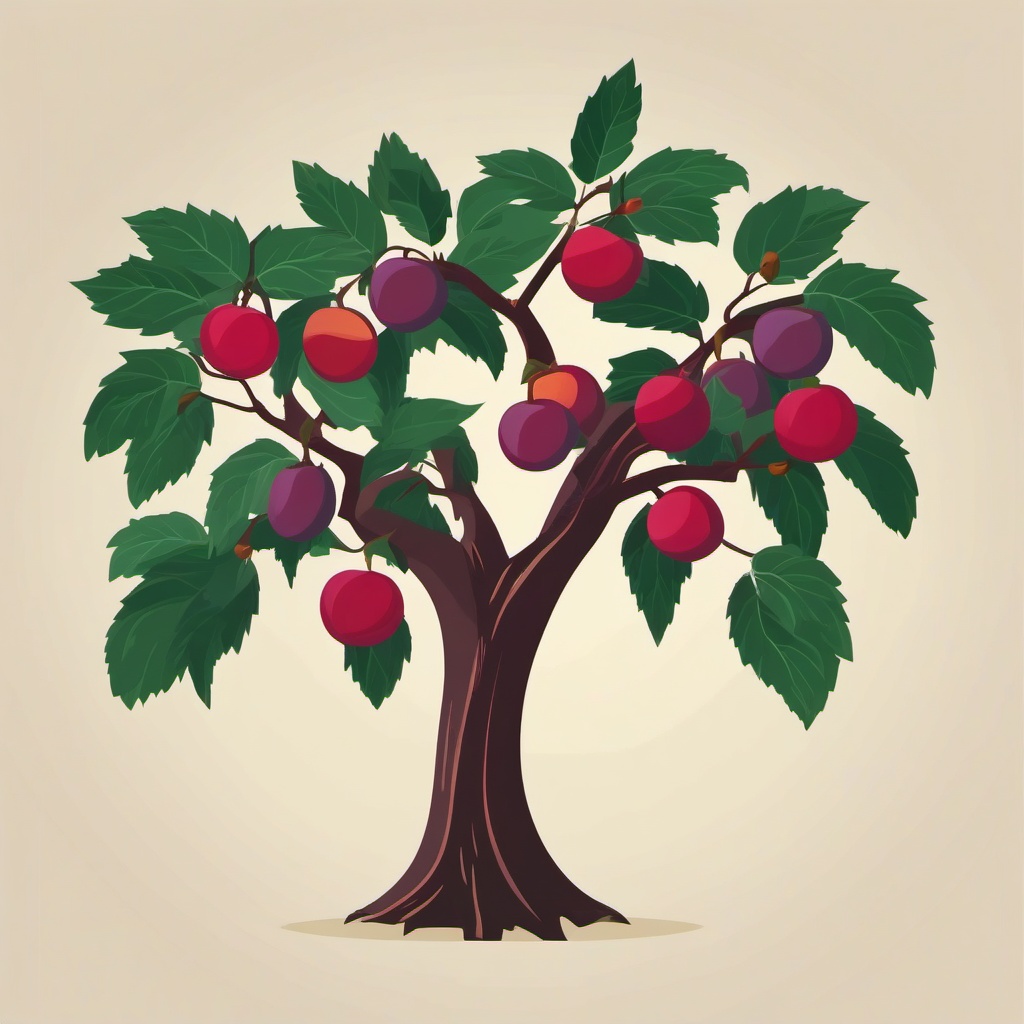 Plum Tree with Ripe Plums Clipart - A plum tree with ripe plums.  color vector clipart, minimal style