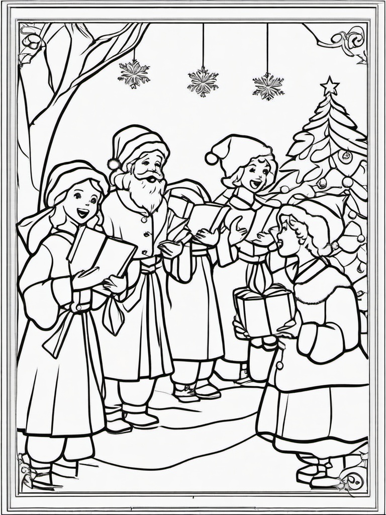 Santa and Elves Singing Coloring Pages - Caroling with His Elves  minimal black outline printable sheet, coloring page