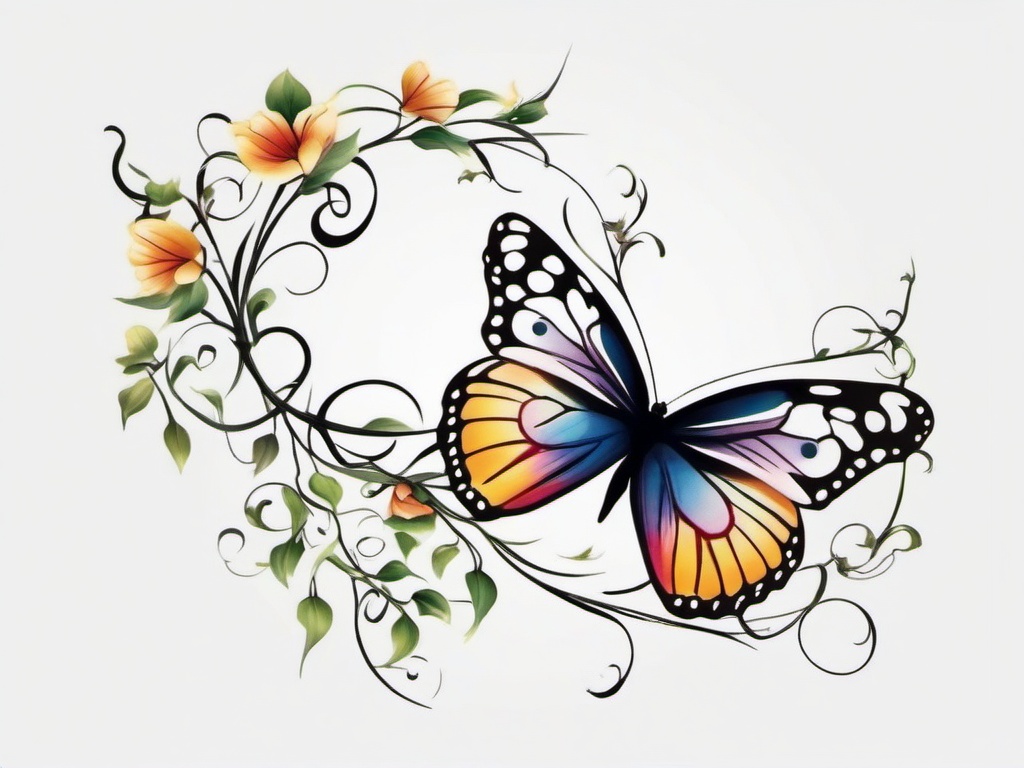 butterfly on a vine tattoo designs  simple color tattoo, minimal, white background