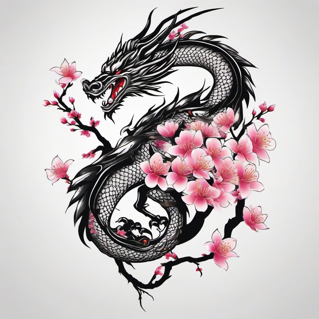 Cherry Blossom Dragon Tattoo - Tattoos featuring both cherry blossom and dragon motifs.  simple color tattoo,minimalist,white background