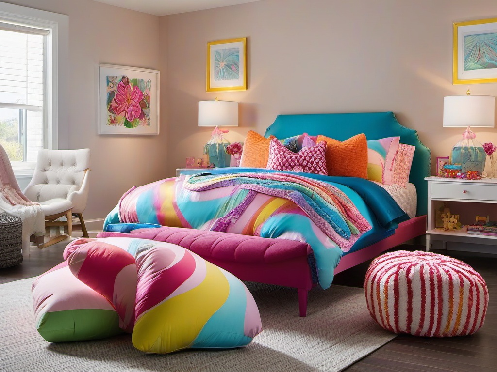 Candy Land master bedroom includes oversized candy-shaped pillows, colorful bedding, and whimsical decor, creating a playful and cozy retreat for rest and relaxation.  