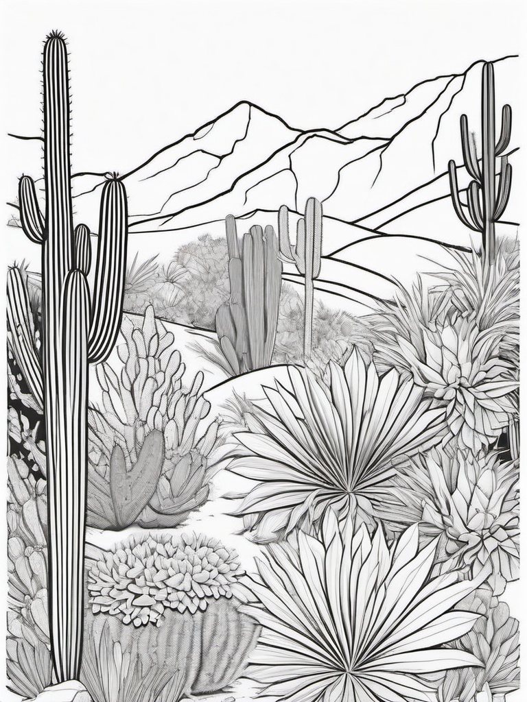 Plant Coloring Pages - Cactus garden with various desert plants  simple coloring pages