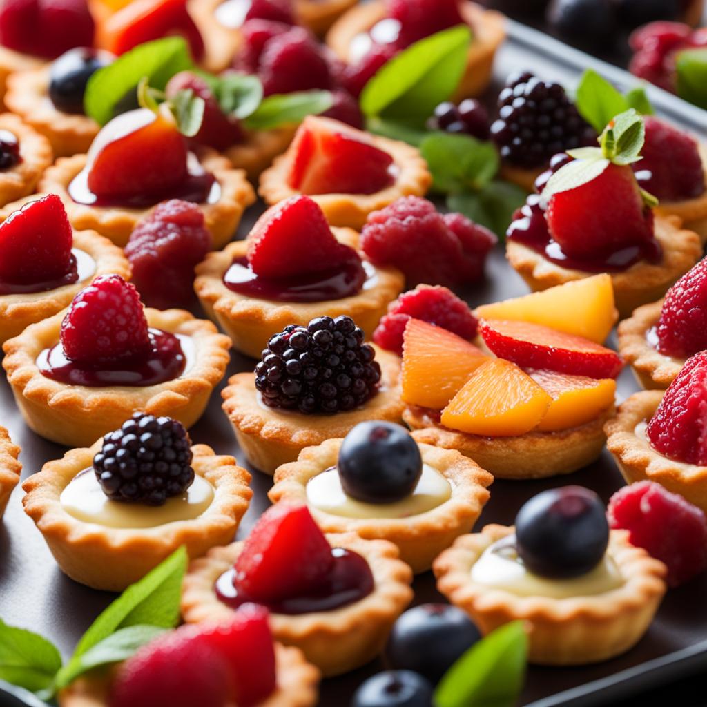 a platter of bite-sized tarts, each with a flaky pastry crust and a variety of fruit fillings. 