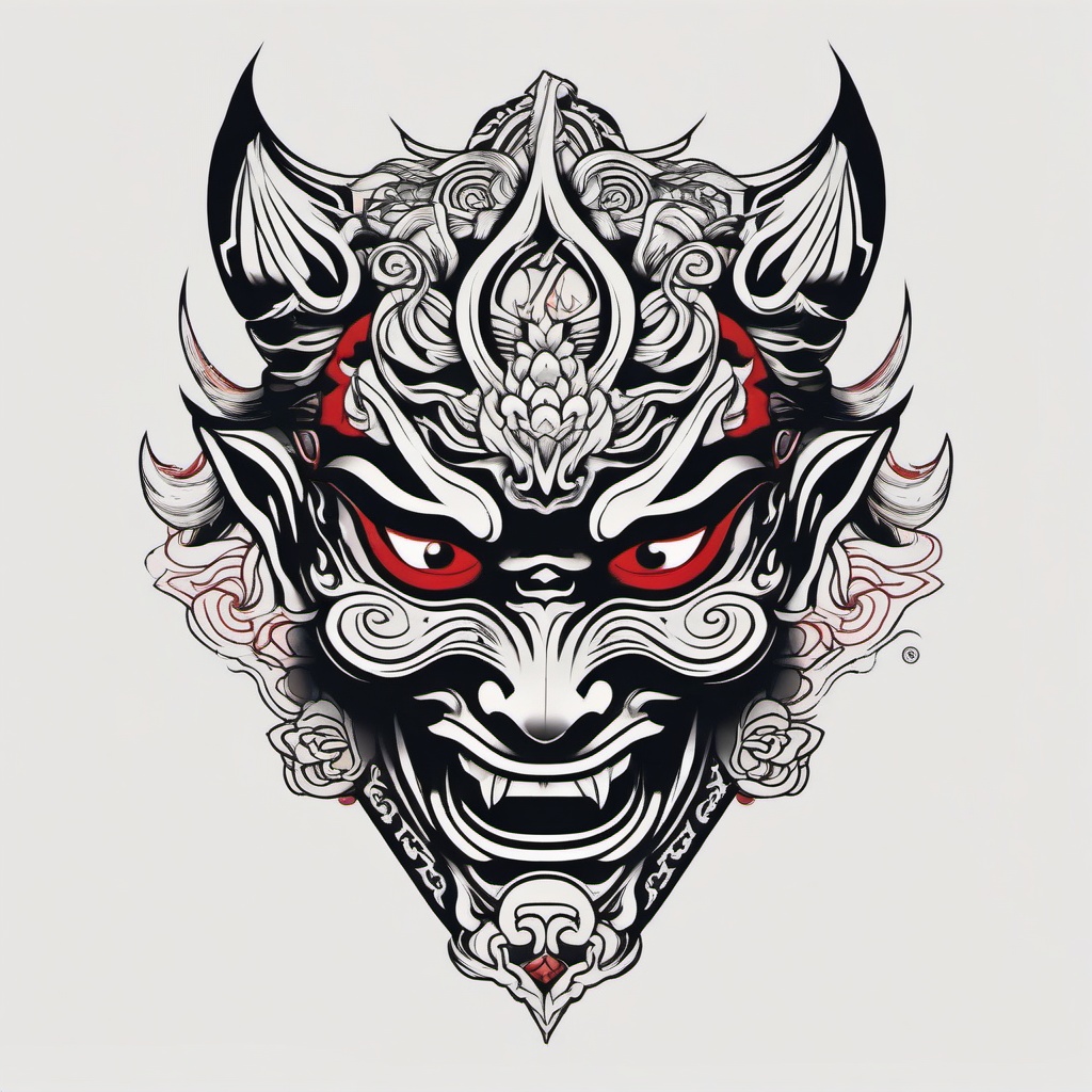 Japanese Mask Demon Tattoo - Tattoo incorporating demon motifs inspired by traditional Japanese masks.  simple color tattoo,white background,minimal