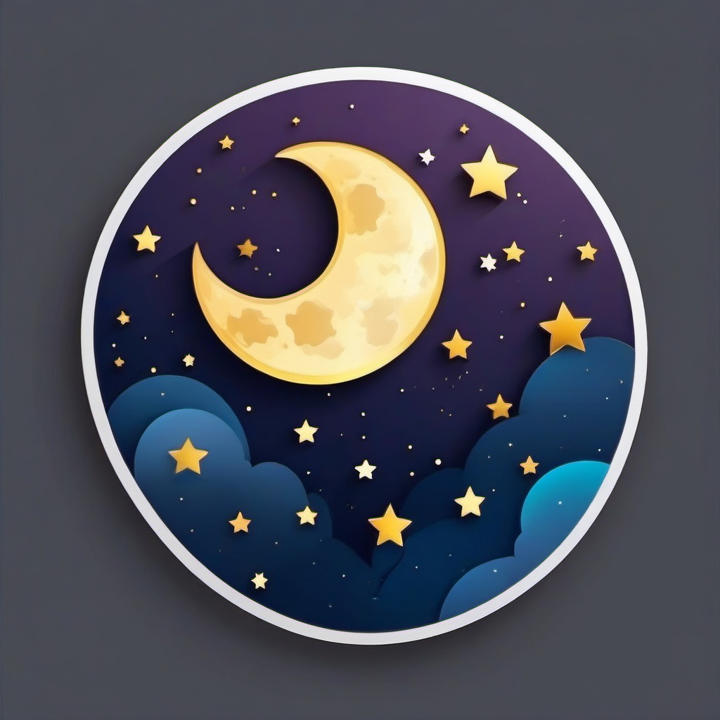 Moon with Stars Sticker - Crescent moon accompanied by sparkling stars, ,vector color sticker art,minimal