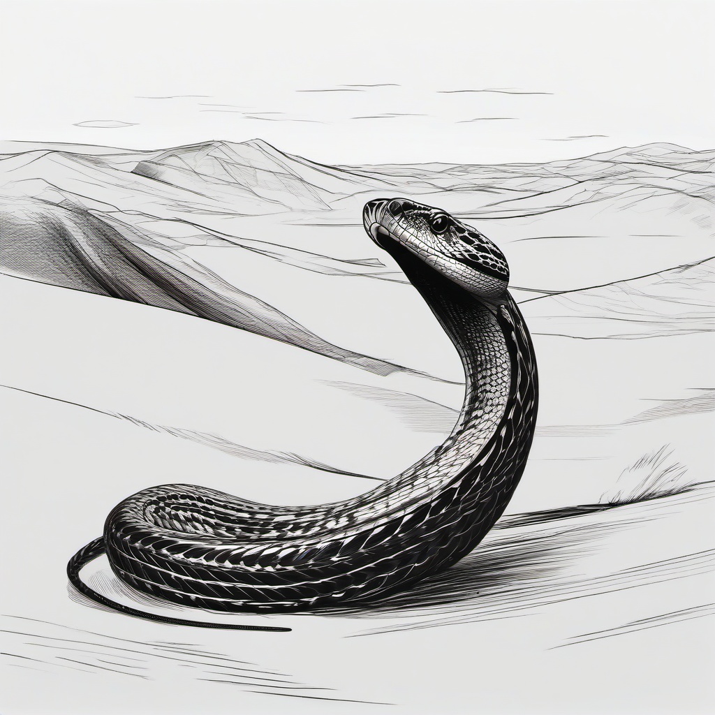 drawing of a cobra in the desert  minimal rough sketch scribbles,doodles,black and white