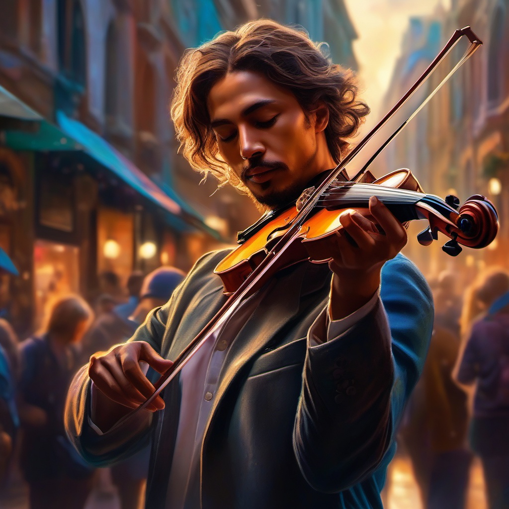 Ethereal melody of a lone violin, played by a street musician in a bustling square, weaves through the crowd, touching hearts and evoking memories. hyperrealistic, intricately detailed, color depth,splash art, concept art, mid shot, sharp focus, dramatic, 2/3 face angle, side light, colorful background