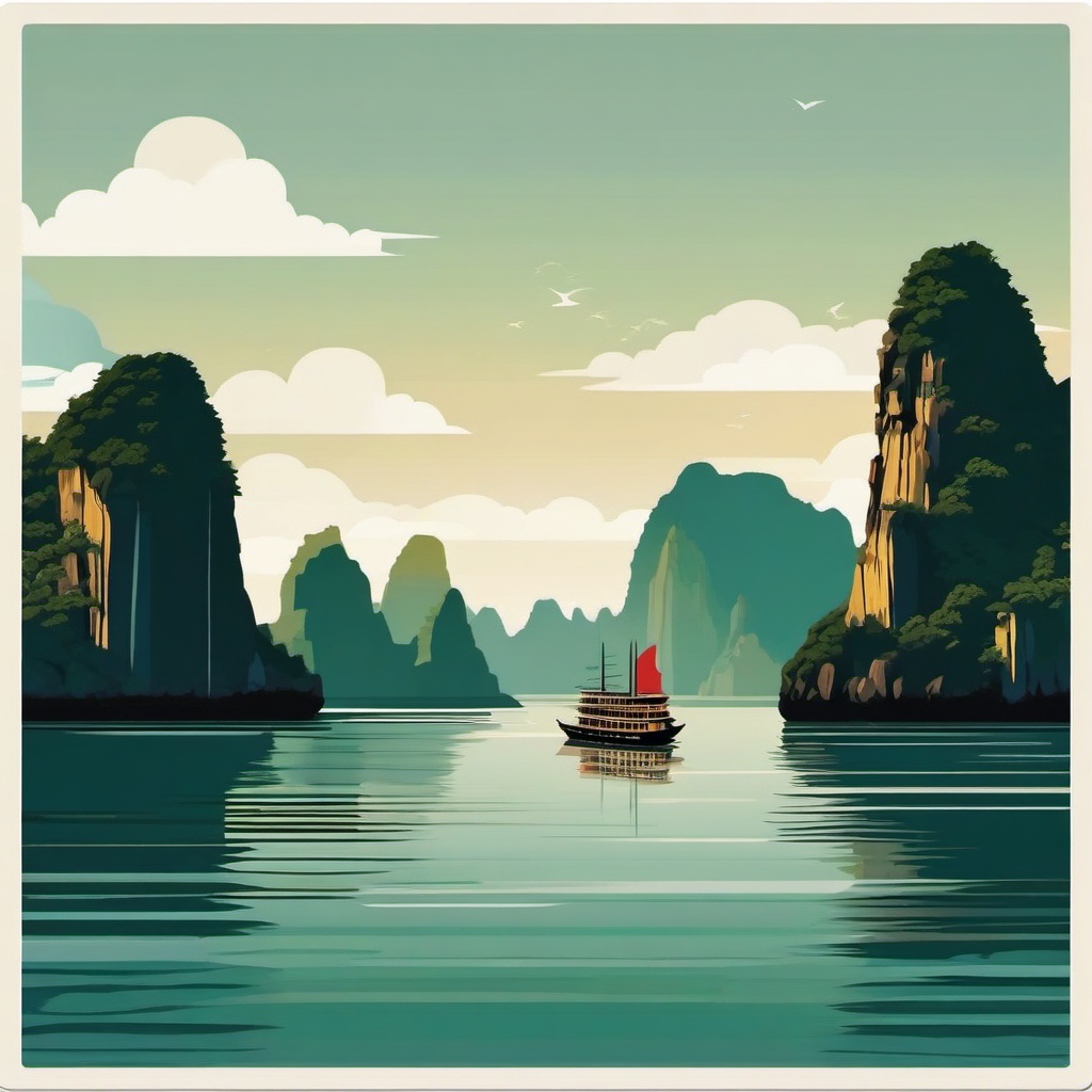 Ha Long Bay Cruise sticker- Scenic cruise through the karst formations of Ha Long Bay, , sticker vector art, minimalist design