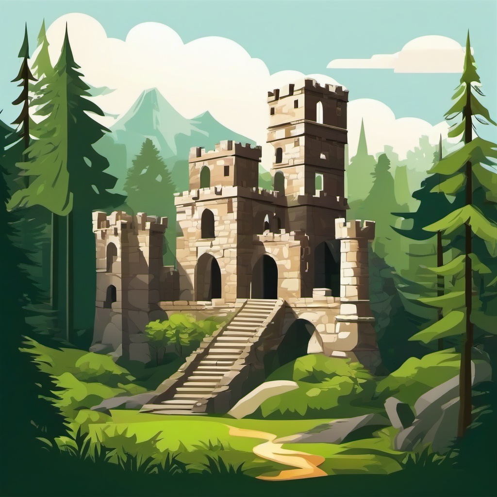 Ancient castle ruins in the forest clipart.  vector style illustration, white background